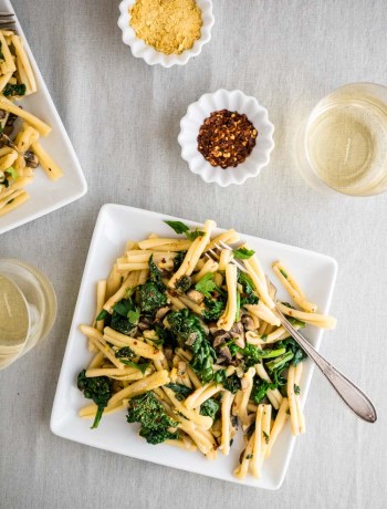 Overhead view of mushroom spinach pasta.